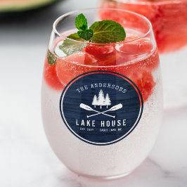 レイク素朴ハウスボートオアーズツリーズブルーウッドプリント ステムなしワイングラス