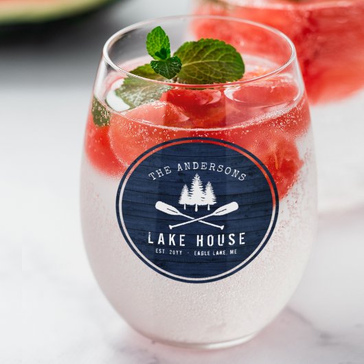 レイク素朴ハウスボートオアーズツリーズブルーウッドプリント ステムなしワイングラス