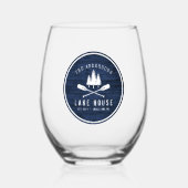 レイク素朴ハウスボートオアーズツリーズブルーウッドプリント ステムなしワイングラス (正面)