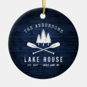 レイク素朴ハウスボートオアーズツリーズブルーウッドプリント セラミックオーナメント (正面)