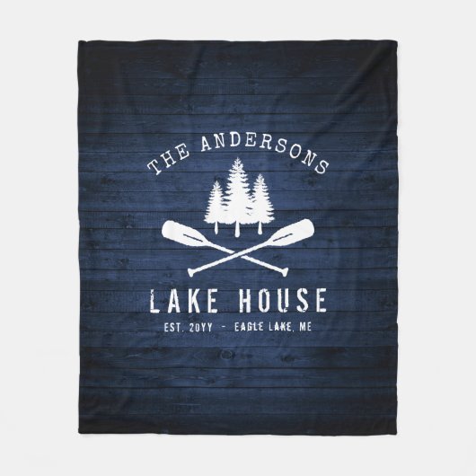 レイク素朴ハウスボートオアーズツリーズブルーウッドプリント フリースブランケット (正面)