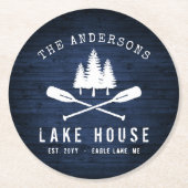 レイク素朴ハウスボートオアーズツリーズブルーウッドプリント ラウンドペーパーコースター (正面)
