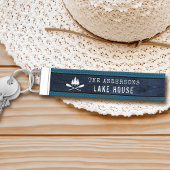 レイク素朴ハウスボートオアーズツリーズブルーウッドプリント リストバンドキーホルダー