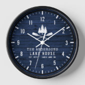 レイク素朴ハウスボートオアーズツリーズブルーウッドプリント 壁時計 (正面)