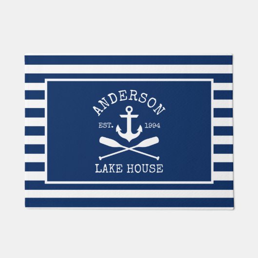 レイク航海のハウスネイビーブルーストライプのいかりオール ドアマット (正面)