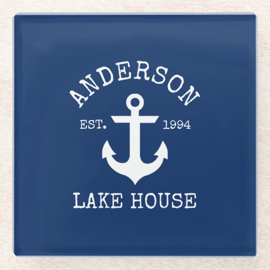 レイク航海のハウスファミリー名いかりネイビーブルー ガラスコースター (正面)