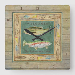 レイク魚釣り、ラージマウスバス、レインボートラウトメンズ スクエア壁時計