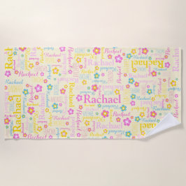 レイチェルの花の名前タイポグラフィ黄色のピンク ビーチタオル