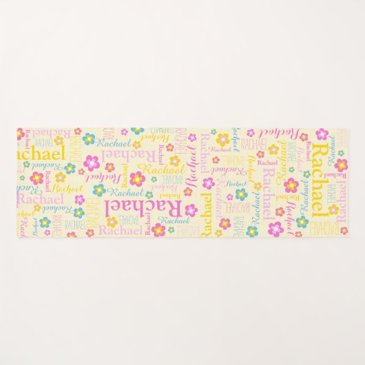 レイチェルの花の名前タイポグラフィ黄色のピンク ヨガマット (正面(横))