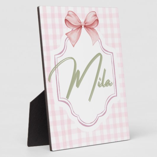 レイニーパーソナライズされたベビーガール子供部屋ボウ&ギンガム フォトプラーク (側面)