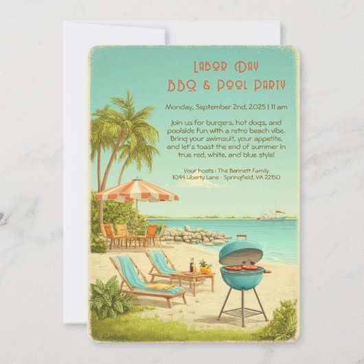 レイバーデー ビンテージBBQ&プールパーティーの招待状 招待状 (正面)