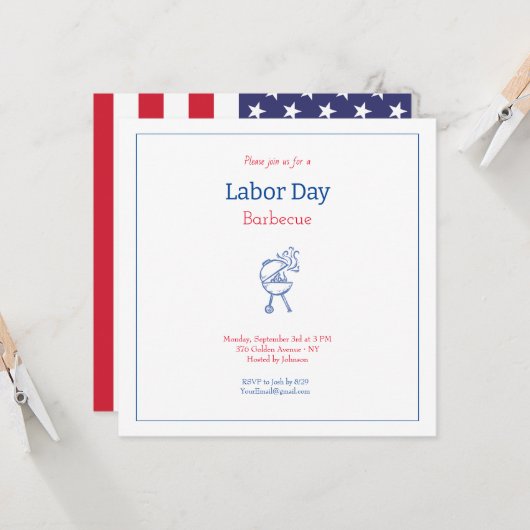 レイバー・デイ・バーベキュー・パーティ ミニマリスト 招待状 (正面/裏面インサイチュ)
