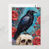 レイブンオンスカルレッドローゼスティール(緑がかった色)背景 ポストカード (正面/裏面)