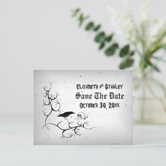 レイブンスカルハロウィーンゴシック結婚式の日付を保存 案内ポストカード (スタンド正面)