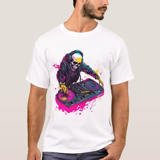 レイブ スカル EDMパーティー スケルトン DJ Tシャツ (正面)