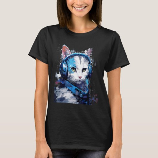 レイブ EDM マンクス猫 ヘッドフォン Tシャツ (正面)