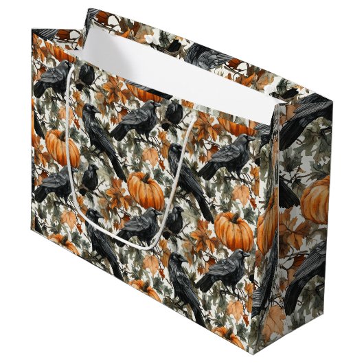 レイベンハロウィーンカボチャ水彩秋 ラージペーパーバッグ (正面アングル)