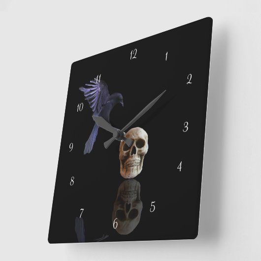 レイベン飛んでいるまたはクロウランドスカルゴシック スクエア壁時計 (傾斜)