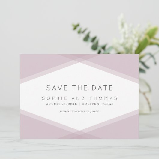 レイヤー化された幾何学的ダークパープル日付の保存 招待状 (スタンド正面)