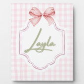 レイラベビーパーソナライズされたガール子供部屋ボウ&ギンガム フォトプラーク (正面)