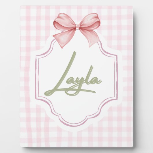 レイラベビーパーソナライズされたガール子供部屋ボウ&ギンガム フォトプラーク (正面)