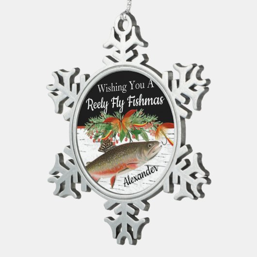 レイリーフライフィッシュマス魚釣りクリスマスハートオルネーム スノーフレークピューターオーナメント (右)