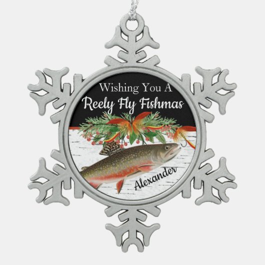 レイリーフライフィッシュマス魚釣りクリスマスハートオルネーム スノーフレークピューターオーナメント (正面)