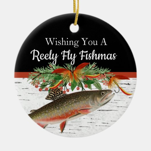 レイリーフライフィッシュマス魚釣りクリスマスハートオルネーム セラミックオーナメント (正面)