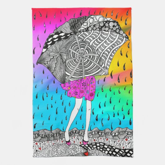 レインキッカラフルタンタオルに身を包むかわいい女の子 キッチンタオル (縦)