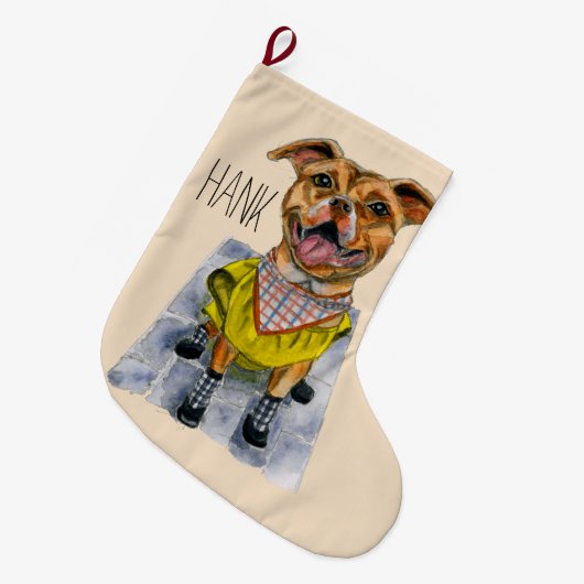 レインコートの水彩画のピット・ブル犬 ラージクリスマスストッキング (正面 (吊り時))