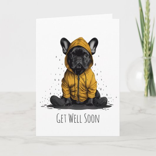 レインコートを着フランスのてブルドッグが元気になる カード (正面)