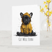 レインコートを着フランスのてブルドッグが元気になる カード (黄色い花)