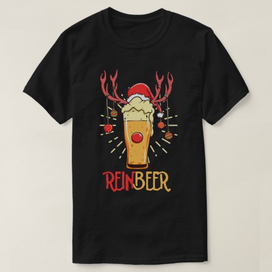 レインビールトナカイのビール愛好家クリスマスデイセレブ Tシャツ (デザイン正面)