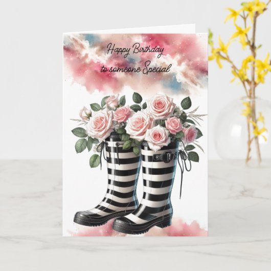 レインブストライプのーツとロセサ誕生日 カード (黄色い花)