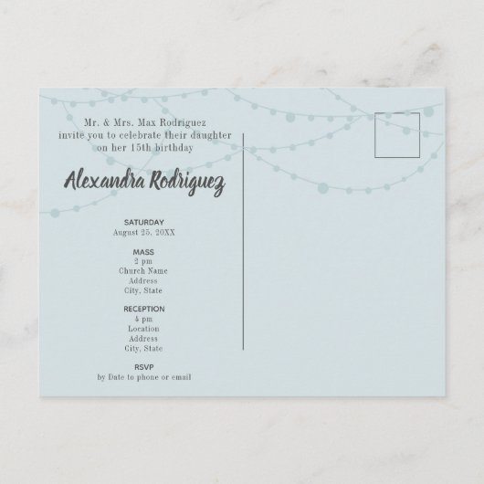 レインブルー&スチールシャーロシルエットキンセアニェラ インビテーションポストカード (裏面)