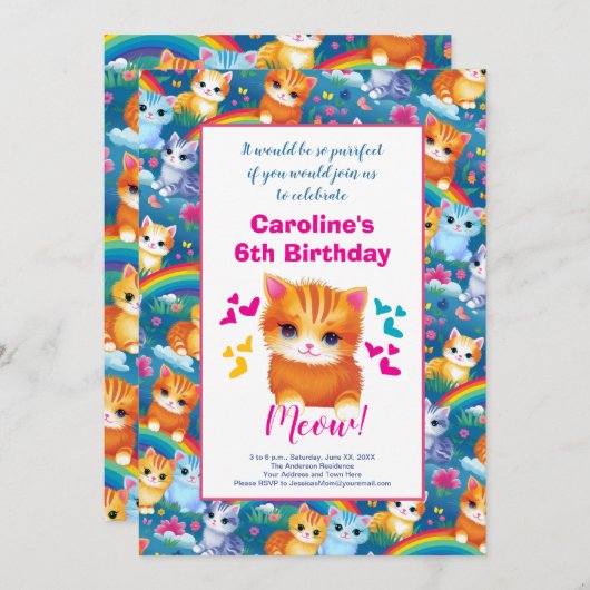 レインボウの子猫のためのバースデーパーティー 案内状 (正面/裏面)