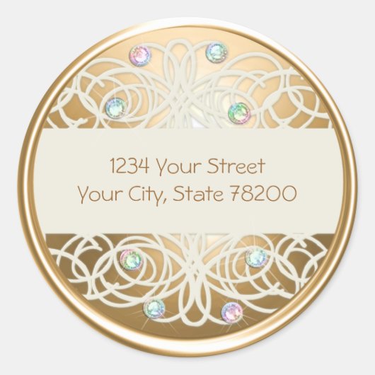 レインボクリスタル及び金ゴールドダマスク差出人住所シール ラウンドシール (正面)