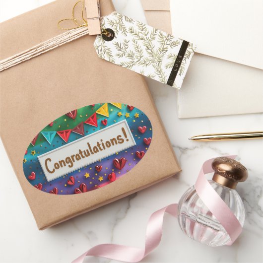 レインボーおめでとうデジタルアート 楕円形シール (ギフト)