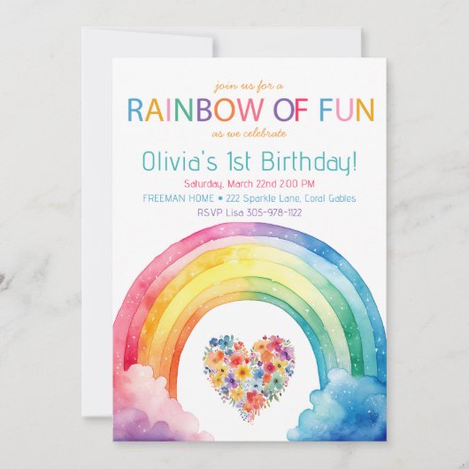 レインボーおもしろいウォーターカラーガール誕生日招待状 招待状 (正面)