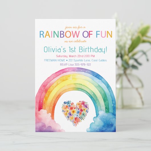 レインボーおもしろいウォーターカラーガール誕生日招待状 招待状 (スタンド正面)