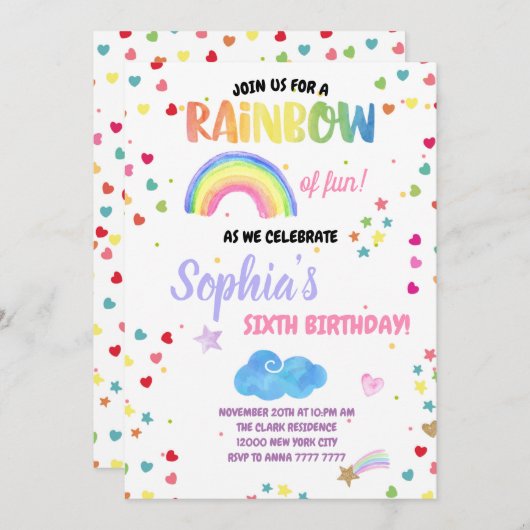 レインボーおもしろいガールバースデーパーティーパステル紙吹雪 招待状 (正面/裏面)