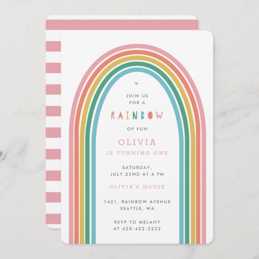 レインボーおもしろいキッズの誕生日パーティー桃招待状 招待状 (正面/裏面)