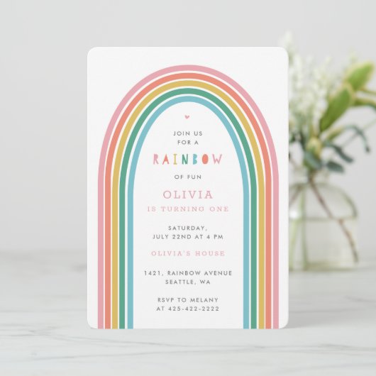 レインボーおもしろいキッズの誕生日パーティー桃招待状 招待状 (スタンド正面)