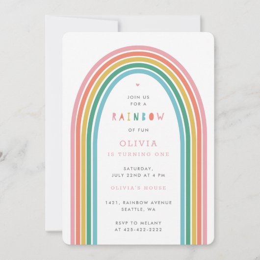 レインボーおもしろいキッズの誕生日パーティー桃招待状 招待状 (正面)