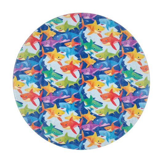 レインボーおもしろいシャーク誕生日バルーンパーティーファミリー カッティングボード (正面)