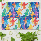 レインボーおもしろいシャーク誕生日バルーンパーティーファミリー キッチンタオル (折り畳み)