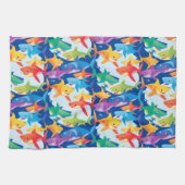 レインボーおもしろいシャーク誕生日バルーンパーティーファミリー キッチンタオル (横)