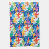 レインボーおもしろいシャーク誕生日バルーンパーティーファミリー キッチンタオル (縦)