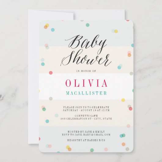 レインボーおもしろいモダン紙吹雪シックかわいい赤ちゃんシャワー 招待状 (正面)