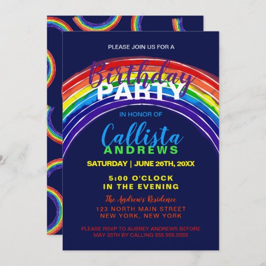 レインボーお洒落ウォータ鮮やかーのカラー誕生日 招待状 (正面/裏面)